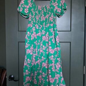 J. Crew Pink and Green Puff Sleeve Dress